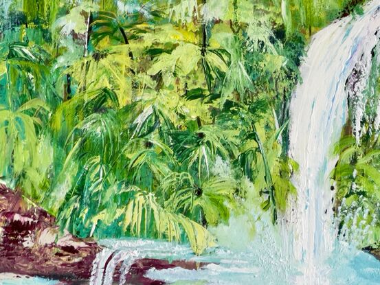 This painting depicts a stunning tropical landscape with a white titanium waterfall cascading down into crisp blue waters. The artist has utilized a variety of greens to create a lush and vibrant scenery, while textured paste adds depth and realism to the rocks below the waterfall. The large canvas size of 152 cm wide x 97 cm high allows viewers to immerse themselves in the serene beauty of this picturesque scene. The play of light and shadow enhances the natural beauty of the landscape, making it a captivating piece of art that evokes a sense of tranquility and awe.
Comes with a Certificate Of Authenticity and varnished to protect the life of the painting and boxed up for  safe delivery to your home 