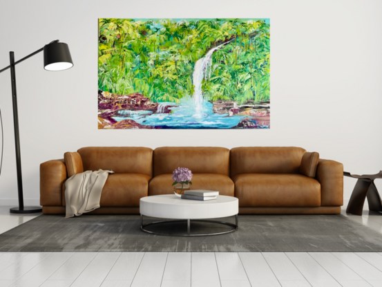 This painting depicts a stunning tropical landscape with a white titanium waterfall cascading down into crisp blue waters. The artist has utilized a variety of greens to create a lush and vibrant scenery, while textured paste adds depth and realism to the rocks below the waterfall. The large canvas size of 152 cm wide x 97 cm high allows viewers to immerse themselves in the serene beauty of this picturesque scene. The play of light and shadow enhances the natural beauty of the landscape, making it a captivating piece of art that evokes a sense of tranquility and awe.
Comes with a Certificate Of Authenticity and varnished to protect the life of the painting and boxed up for  safe delivery to your home 