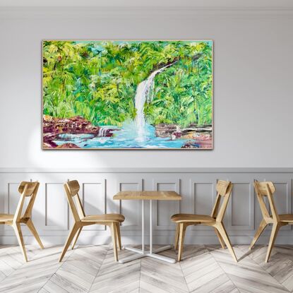 This painting depicts a stunning tropical landscape with a white titanium waterfall cascading down into crisp blue waters. The artist has utilized a variety of greens to create a lush and vibrant scenery, while textured paste adds depth and realism to the rocks below the waterfall. The large canvas size of 152 cm wide x 97 cm high allows viewers to immerse themselves in the serene beauty of this picturesque scene. The play of light and shadow enhances the natural beauty of the landscape, making it a captivating piece of art that evokes a sense of tranquility and awe.
Comes with a Certificate Of Authenticity and varnished to protect the life of the painting and boxed up for  safe delivery to your home 