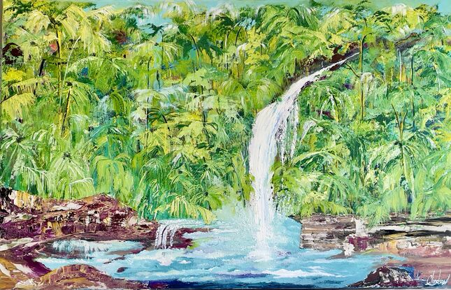 This painting depicts a stunning tropical landscape with a white titanium waterfall cascading down into crisp blue waters. The artist has utilized a variety of greens to create a lush and vibrant scenery, while textured paste adds depth and realism to the rocks below the waterfall. The large canvas size of 152 cm wide x 97 cm high allows viewers to immerse themselves in the serene beauty of this picturesque scene. The play of light and shadow enhances the natural beauty of the landscape, making it a captivating piece of art that evokes a sense of tranquility and awe.
Comes with a Certificate Of Authenticity and varnished to protect the life of the painting and boxed up for  safe delivery to your home 