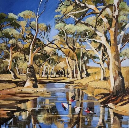 Australian gum trees along a riverbed with galahs.