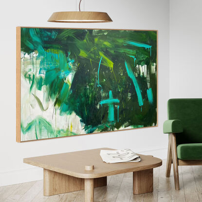 Subtle tones in green, olive, blue, white, grey, peach and pink combined with large expressive pencil and paint marks, across the canvas surface. 