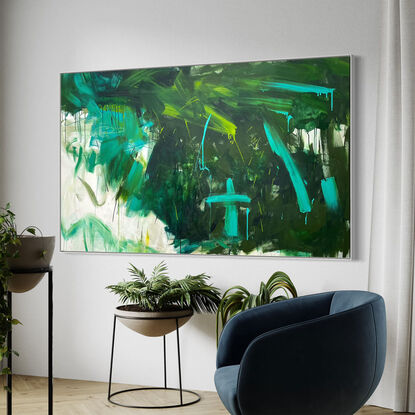 Subtle tones in green, olive, blue, white, grey, peach and pink combined with large expressive pencil and paint marks, across the canvas surface. 