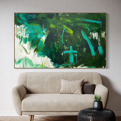 Subtle tones in green, olive, blue, white, grey, peach and pink combined with large expressive pencil and paint marks, across the canvas surface. 