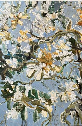 White and gold blossoms with pale blue background 