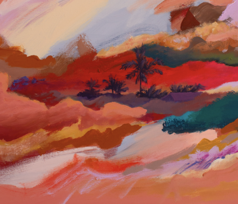 An abstracted landscape view is seen through a scattering of abstracted clouds in shades of white, red, pink, emeralds as well as textured ochre, peach and pink., and some palm tree silhouettes. Surrounded by a light watermelon background.