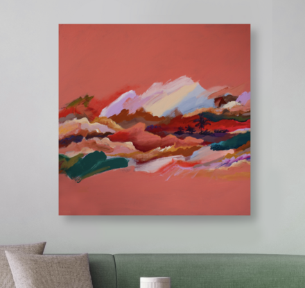 An abstracted landscape view is seen through a scattering of abstracted clouds in shades of white, red, pink, emeralds as well as textured ochre, peach and pink., and some palm tree silhouettes. Surrounded by a light watermelon background.