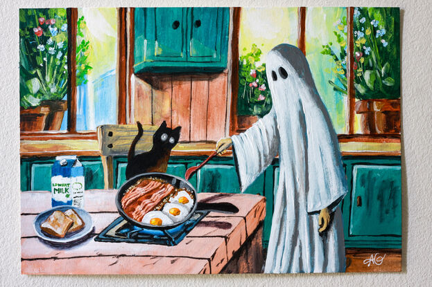 a ghost cooking breakfast while a dead cat watches.