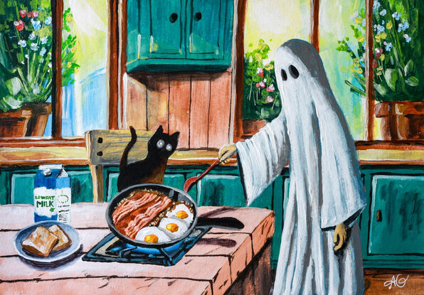 a ghost cooking breakfast while a dead cat watches.