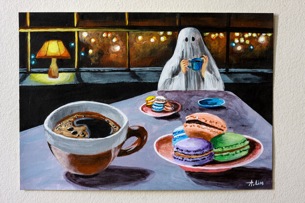 a ghost having coffee and macarons with a friend 