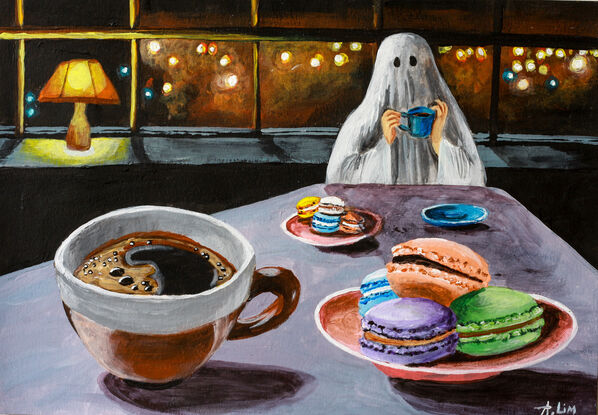 a ghost having coffee and macarons with a friend 