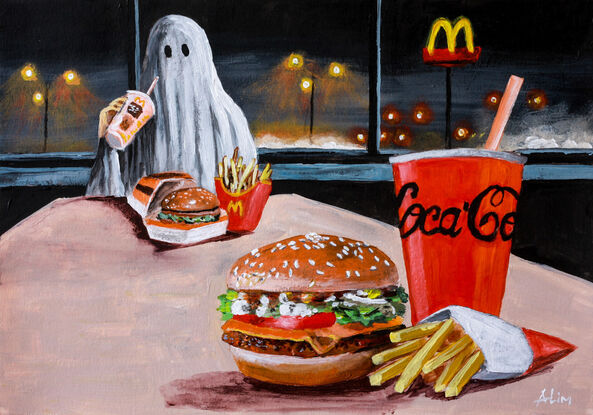 a ghost having burger and fries at McDonald