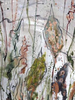 An abstract of wild grass and flowers in greens, orange and burnt orange with dark brown, beige and white highlights 