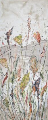 An abstract of wild grass and flowers in greens, orange and burnt orange with dark brown, beige and white highlights 