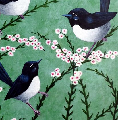 A family of three Willy Wagtails sitting together on pink and white flowers on a pale green background. The image is stretched around to cover the sides of the canvas. The birds are black and white and they are sitting on pink and white flowering branches. 