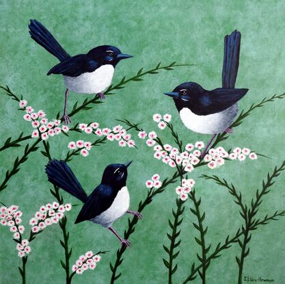 A family of three Willy Wagtails sitting together on pink and white flowers on a pale green background. The image is stretched around to cover the sides of the canvas. The birds are black and white and they are sitting on pink and white flowering branches. 