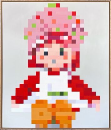 Pixelated doll sitting down