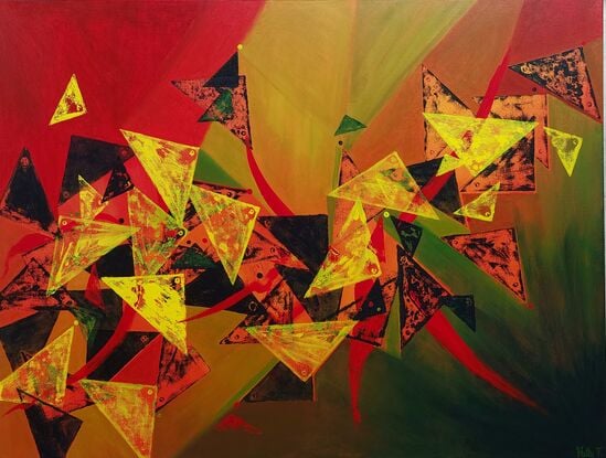 Abstract using yellow and blue triangles floating on a red, orange and green background. 