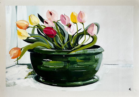 Colourful Tulips in Green Vase Painted in Acrylic on Cotton Canvas