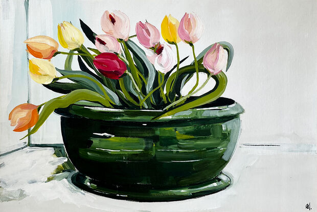 Colourful Tulips in Green Vase Painted in Acrylic on Cotton Canvas