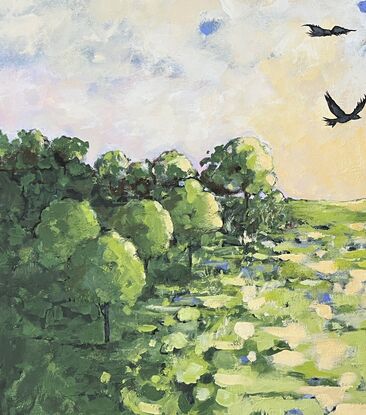 An impressionistic and bright landscape with dancing birds