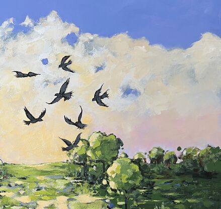 An impressionistic and bright landscape with dancing birds