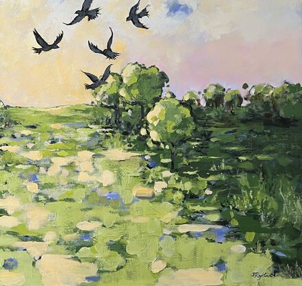 An impressionistic and bright landscape with dancing birds