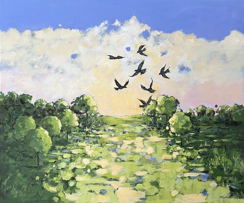 An impressionistic and bright landscape with dancing birds