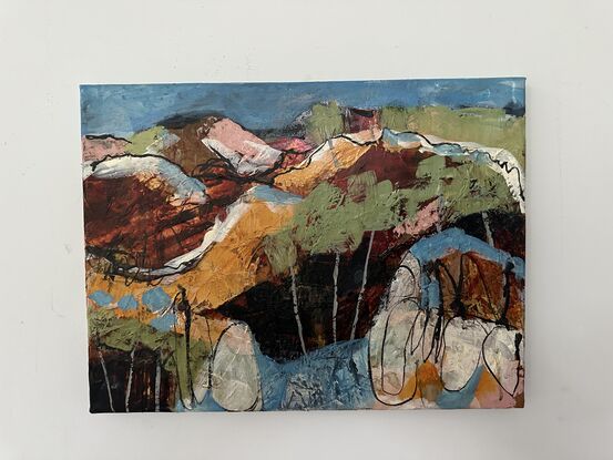 An abstract painting of a landscape of trees, hills and rocks under a blue sky