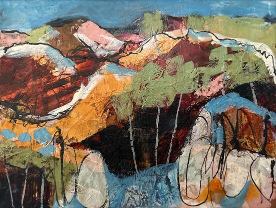 An abstract painting of a landscape of trees, hills and rocks under a blue sky