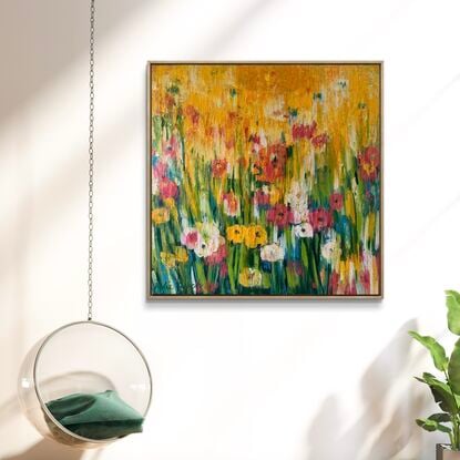 Abstract flora painting of blues, reds, pinks, yellows, orange sand white flowers on canvas, framed in oak.