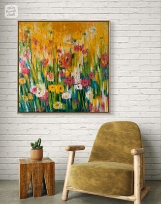 Abstract flora painting of blues, reds, pinks, yellows, orange sand white flowers on canvas, framed in oak.