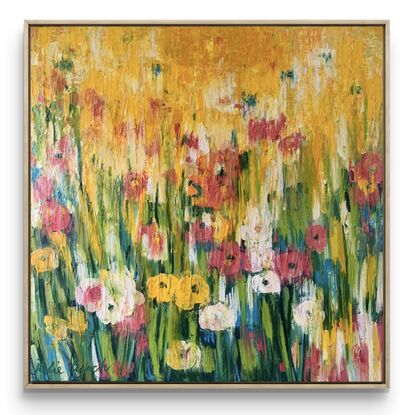 Abstract flora painting of blues, reds, pinks, yellows, orange sand white flowers on canvas, framed in oak.