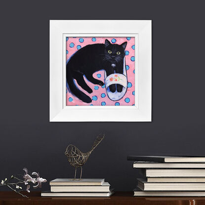 Mom’s Slippers, black cat with white slippers original painting by Irina Redine. Cute cat small artwork framed and ready to hang, gift idea