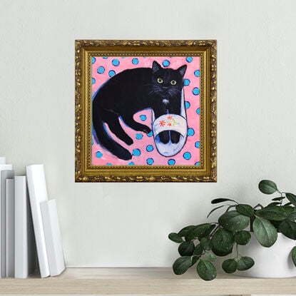 Mom’s Slippers, black cat with white slippers original painting by Irina Redine. Cute cat small artwork framed and ready to hang, gift idea