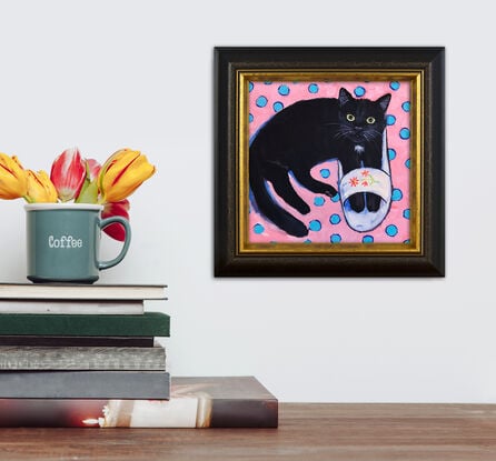 Mom’s Slippers, black cat with white slippers original painting by Irina Redine. Cute cat small artwork framed and ready to hang, gift idea