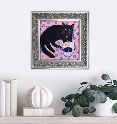 Mom’s Slippers, black cat with white slippers original painting by Irina Redine. Cute cat small artwork framed and ready to hang, gift idea