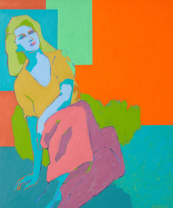 Lady sitting on ground in skirt, leaning on one arm. Brigh colours of orange, green and blue.