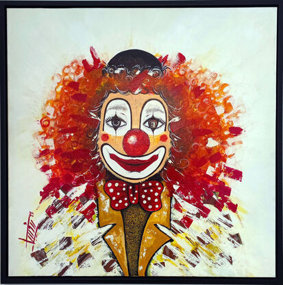 Orang hair clown happy and sad face with a big red ribbon.