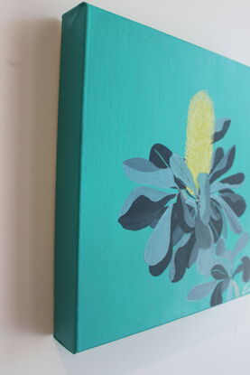 Yellow and grey/blue Banksia on Aqua background