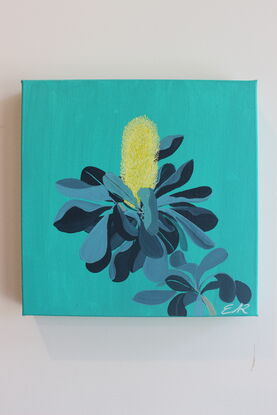 Yellow and grey/blue Banksia on Aqua background