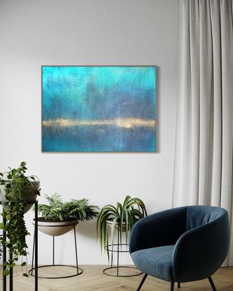 A textured blue abstract of a seascape with a glowing gold horizon line and featuring iridescent highlights