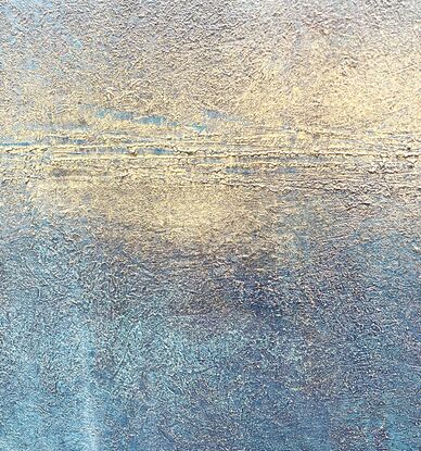 A textured blue abstract of a seascape with a glowing gold horizon line and featuring iridescent highlights