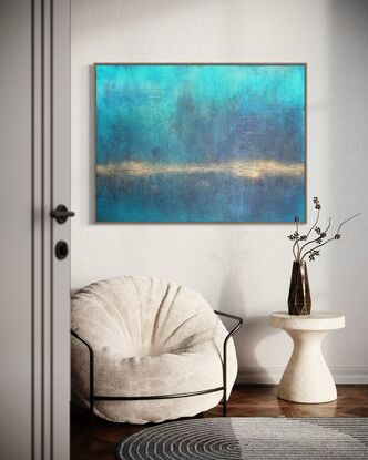 A textured blue abstract of a seascape with a glowing gold horizon line and featuring iridescent highlights