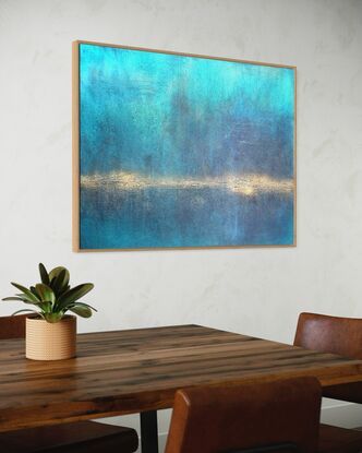 A textured blue abstract of a seascape with a glowing gold horizon line and featuring iridescent highlights