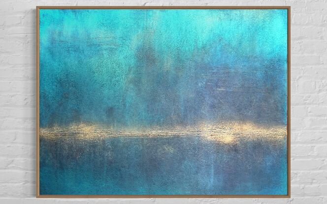 A textured blue abstract of a seascape with a glowing gold horizon line and featuring iridescent highlights