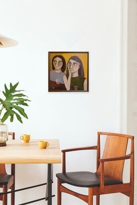 The painting depicts the head and shoulders of two girls. They are standing at a brown bench and there are glasses in front of them. The background is a yellow ochre. 