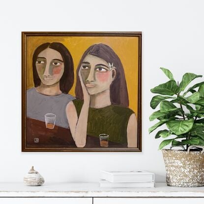 The painting depicts the head and shoulders of two girls. They are standing at a brown bench and there are glasses in front of them. The background is a yellow ochre. 