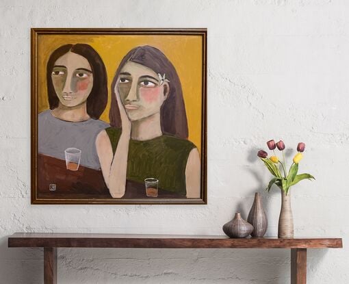 The painting depicts the head and shoulders of two girls. They are standing at a brown bench and there are glasses in front of them. The background is a yellow ochre. 