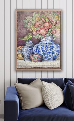 Three ginger jars
 A bird budgie
Australian native flowers on a table with tablecloth